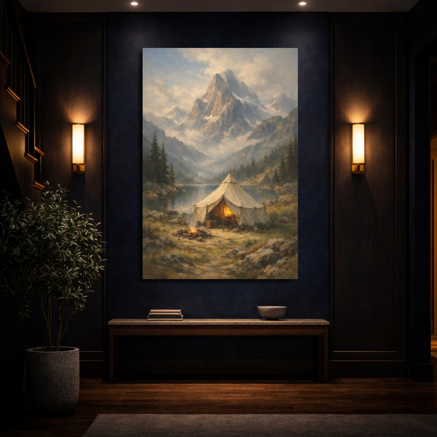 Mockup 3. Nature Mountain Camping Mountain Lake Camping shown as stretched canvas wall art