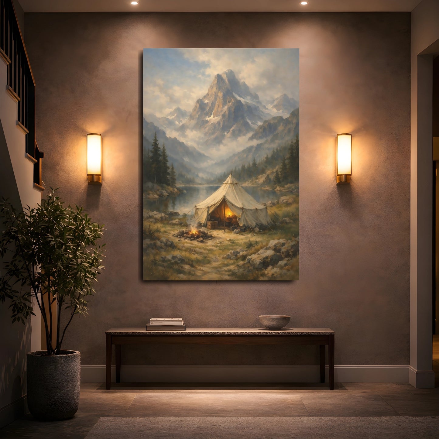 Mockup 4. Nature Mountain Camping Mountain Lake Camping shown as stretched canvas wall art