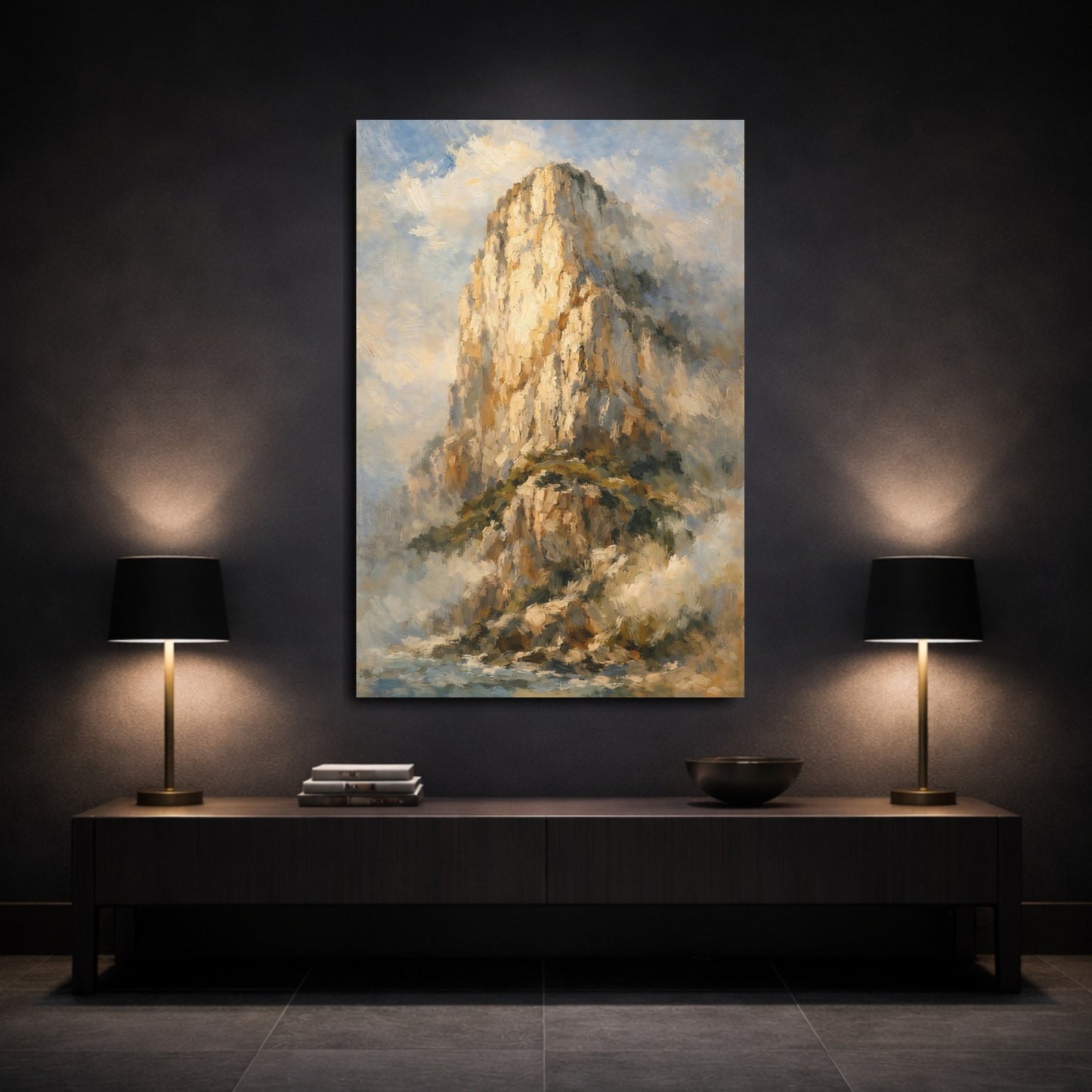 Mockup 2. Nature Mountain Cliff Golden Brown Mountain shown as stretched canvas wall art