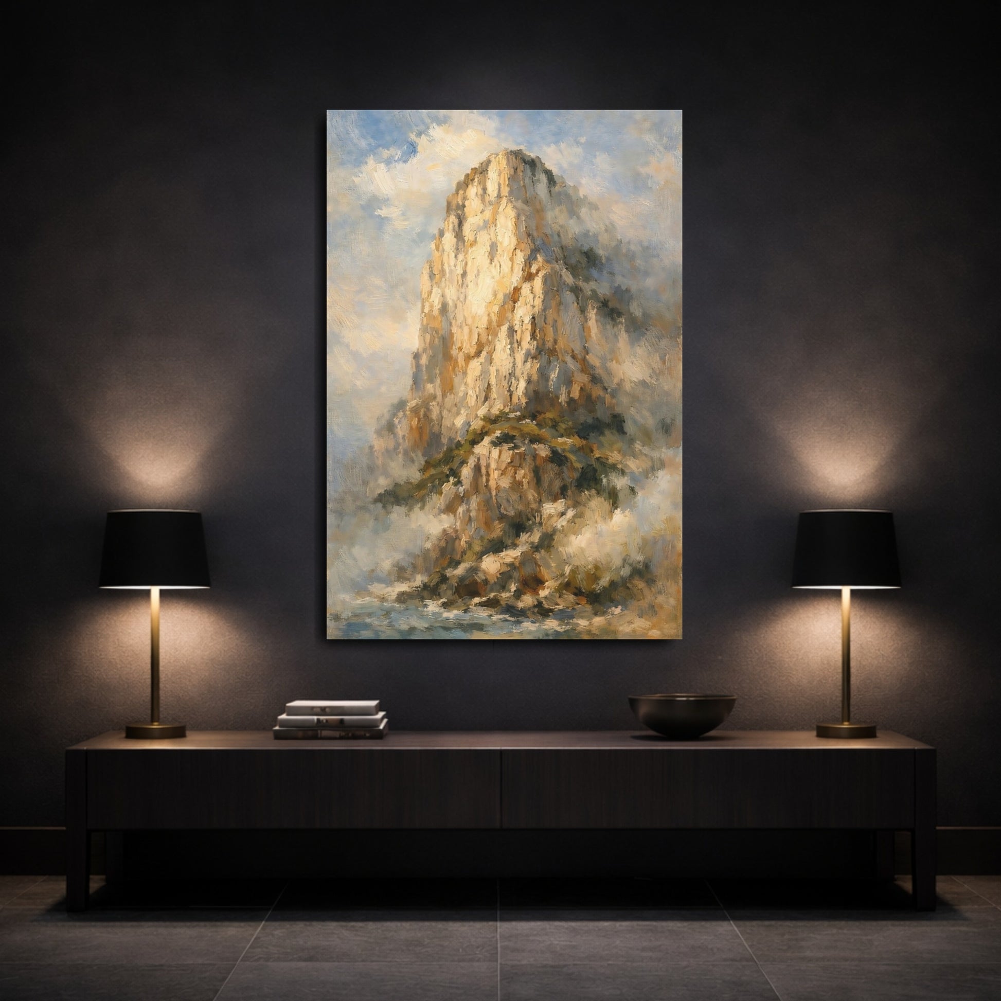 Mockup 2. Nature Mountain Cliff Golden Brown Mountain shown as stretched canvas wall art