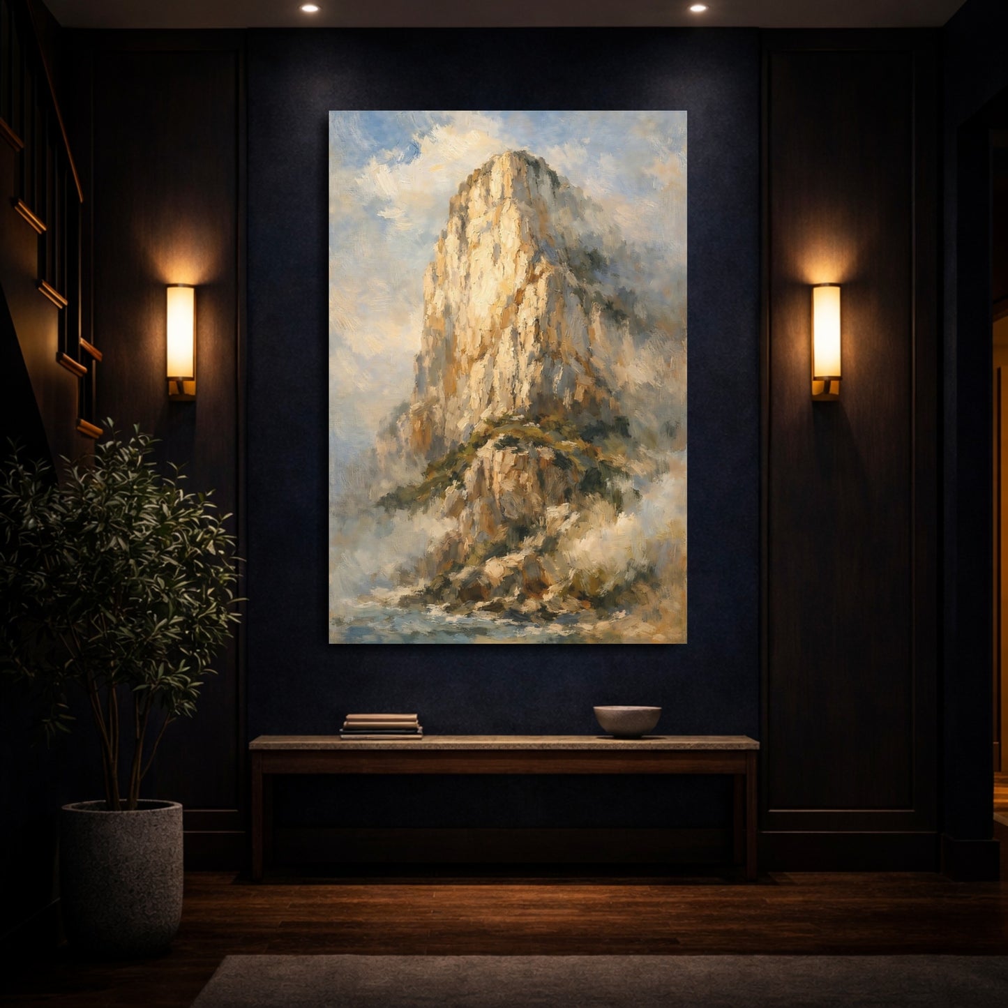 Mockup 3. Nature Mountain Cliff Golden Brown Mountain shown as stretched canvas wall art