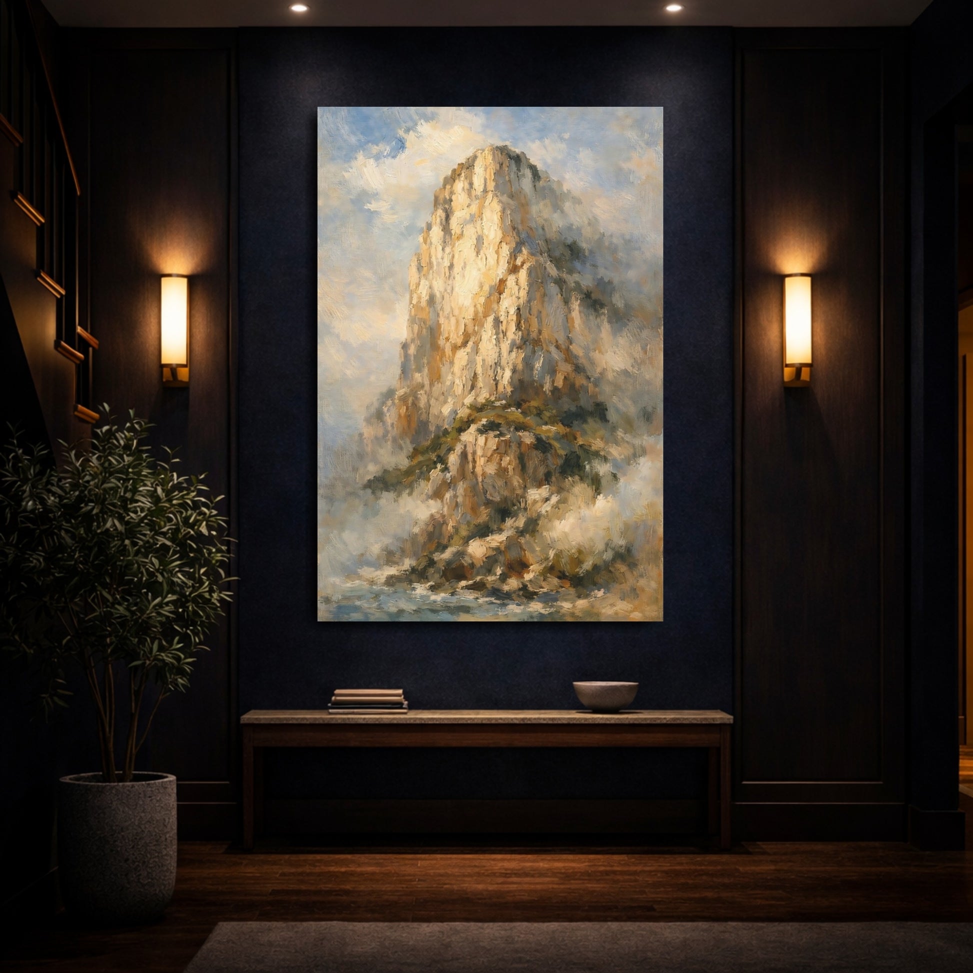 Mockup 3. Nature Mountain Cliff Golden Brown Mountain shown as stretched canvas wall art