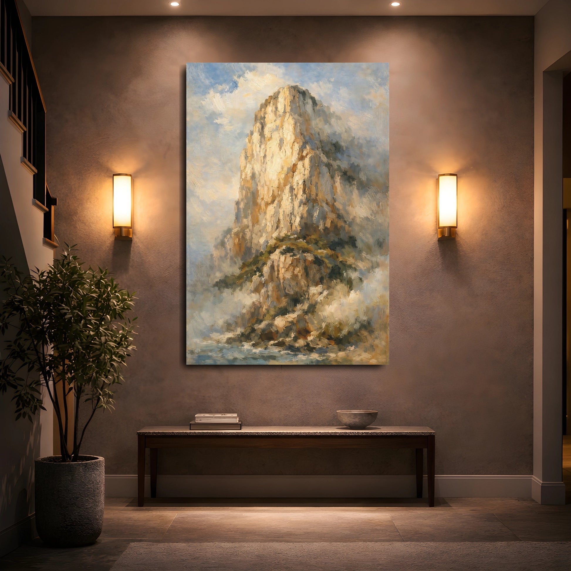 Mockup 4. Nature Mountain Cliff Golden Brown Mountain shown as stretched canvas wall art