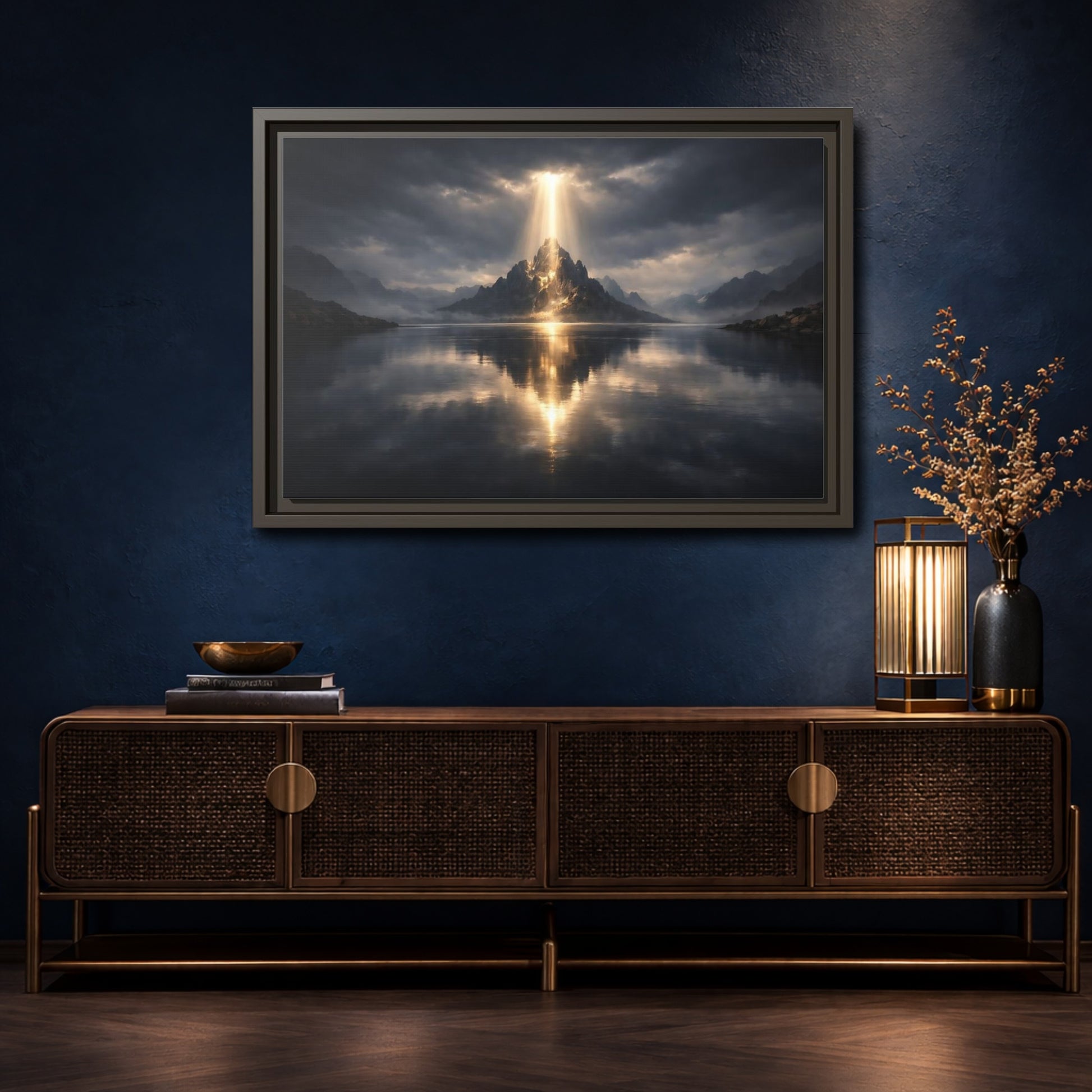 Mockup 4. Nature Mountain Dark Mountain Golden shown as stretched canvas wall art