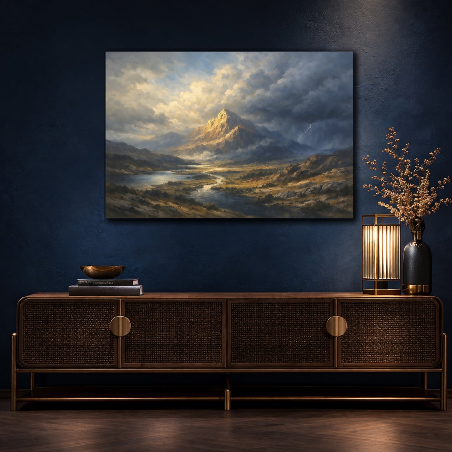 Mockup 4. Nature Mountain Dramatic Mountain shown as stretched canvas wall art