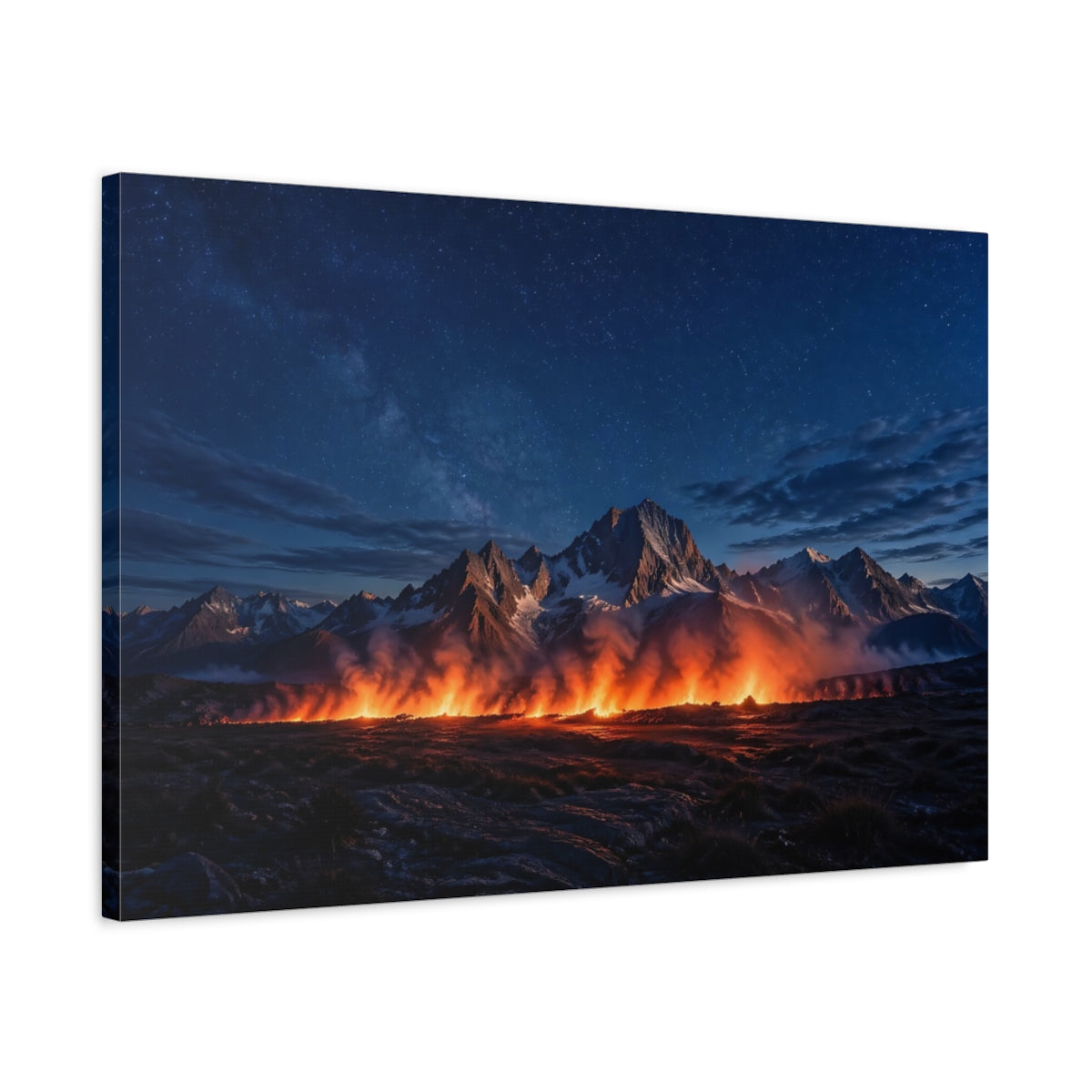 Side Mockup 2. Nature Mountain Fire Night Sky Fire shown as stretched canvas wall art