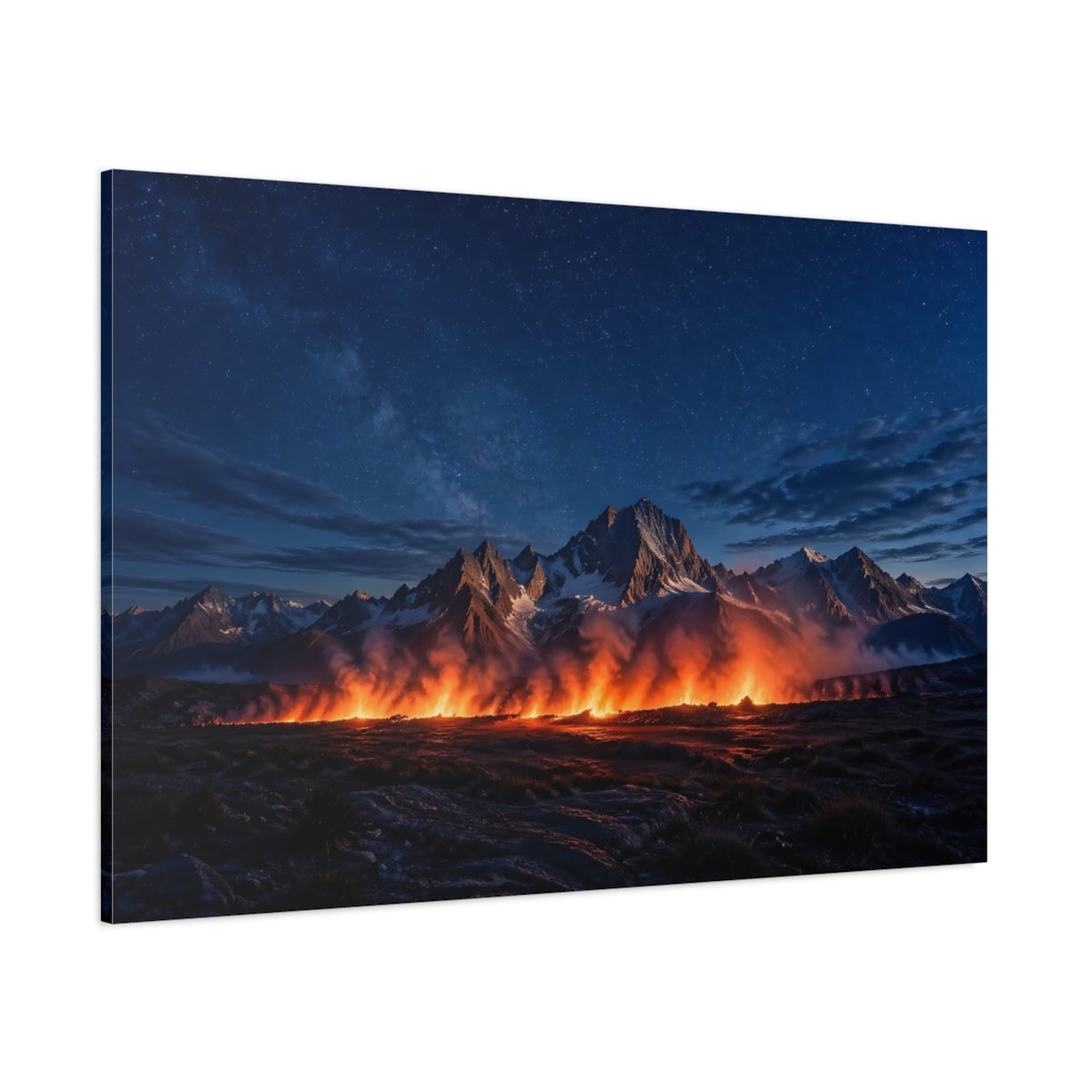 Side Mockup 1. Nature Mountain Fire Night Sky Fire shown as stretched canvas wall art