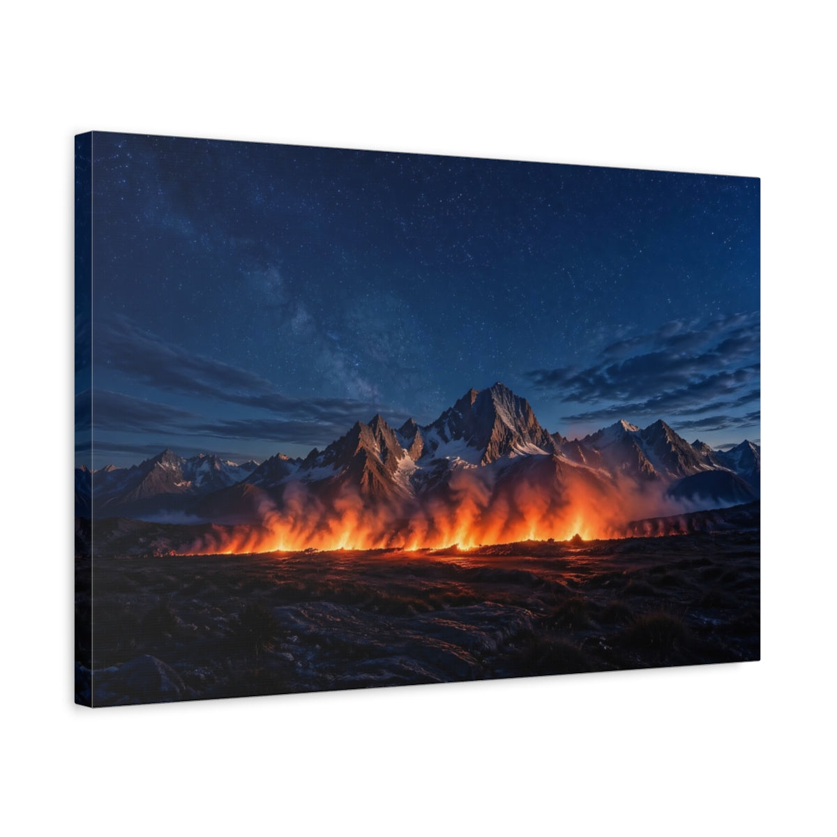 Side Mockup 3. Nature Mountain Fire Night Sky Fire shown as stretched canvas wall art