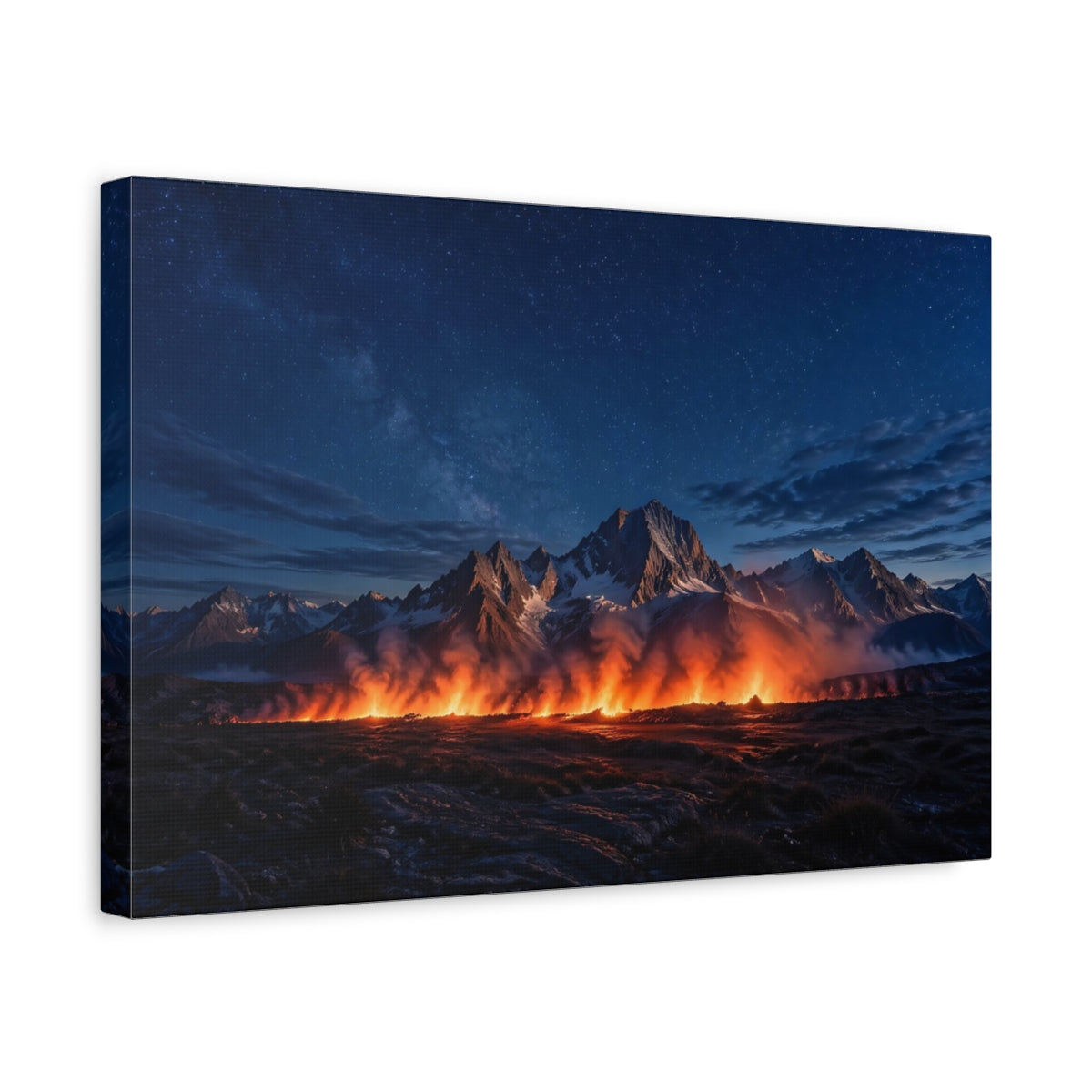 Side Mockup 4. Nature Mountain Fire Night Sky Fire shown as stretched canvas wall art