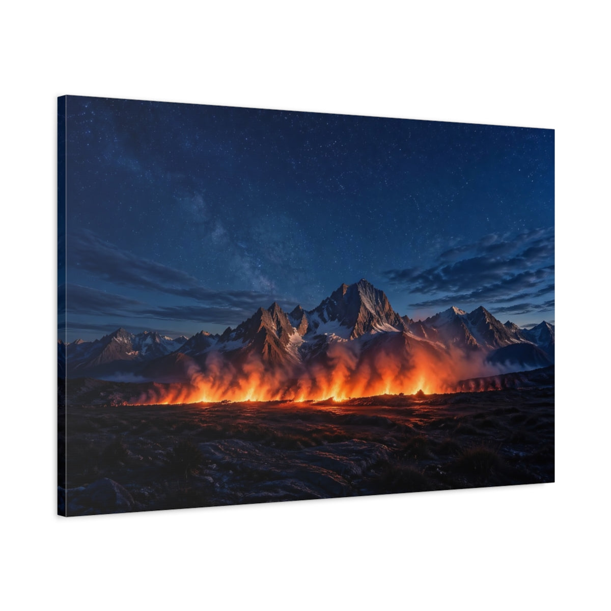 Main Mockup. Nature Mountain Fire Night Sky Fire shown as stretched canvas wall art