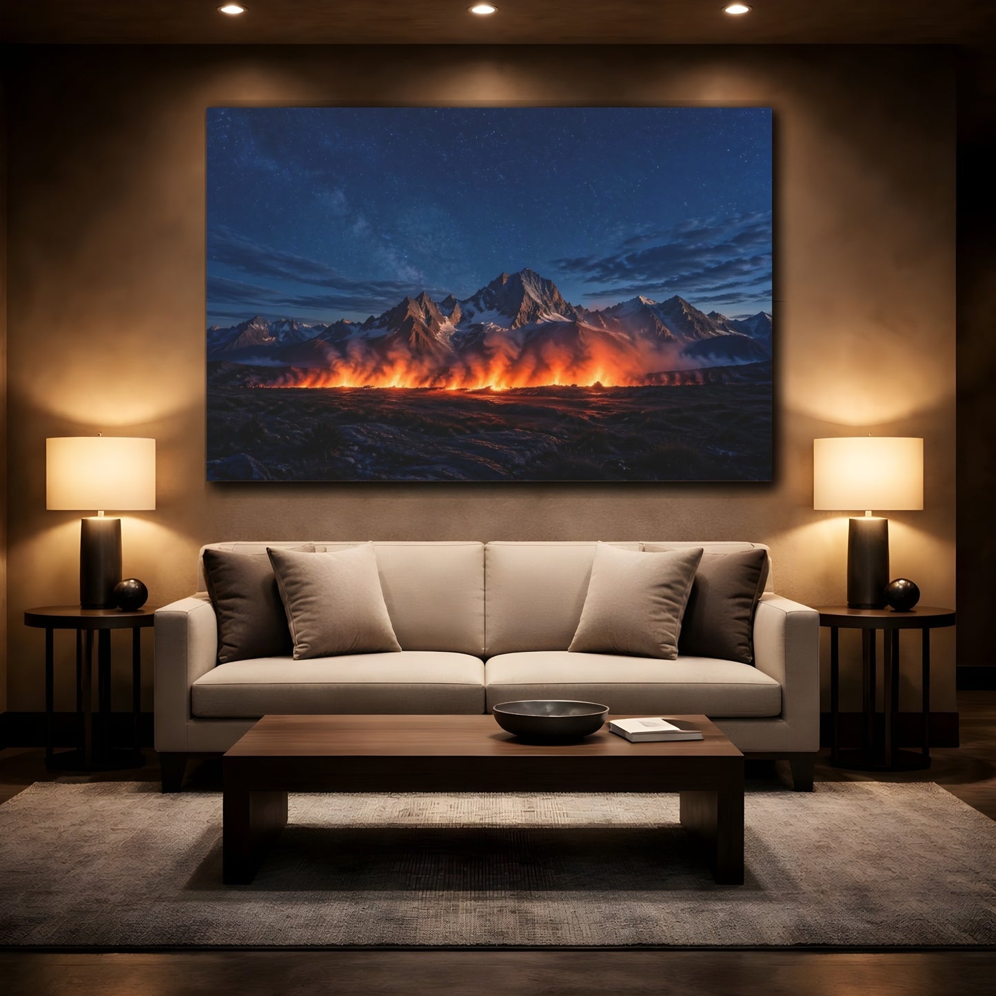 Mockup 2. Nature Mountain Fire Night Sky Fire shown as stretched canvas wall art
