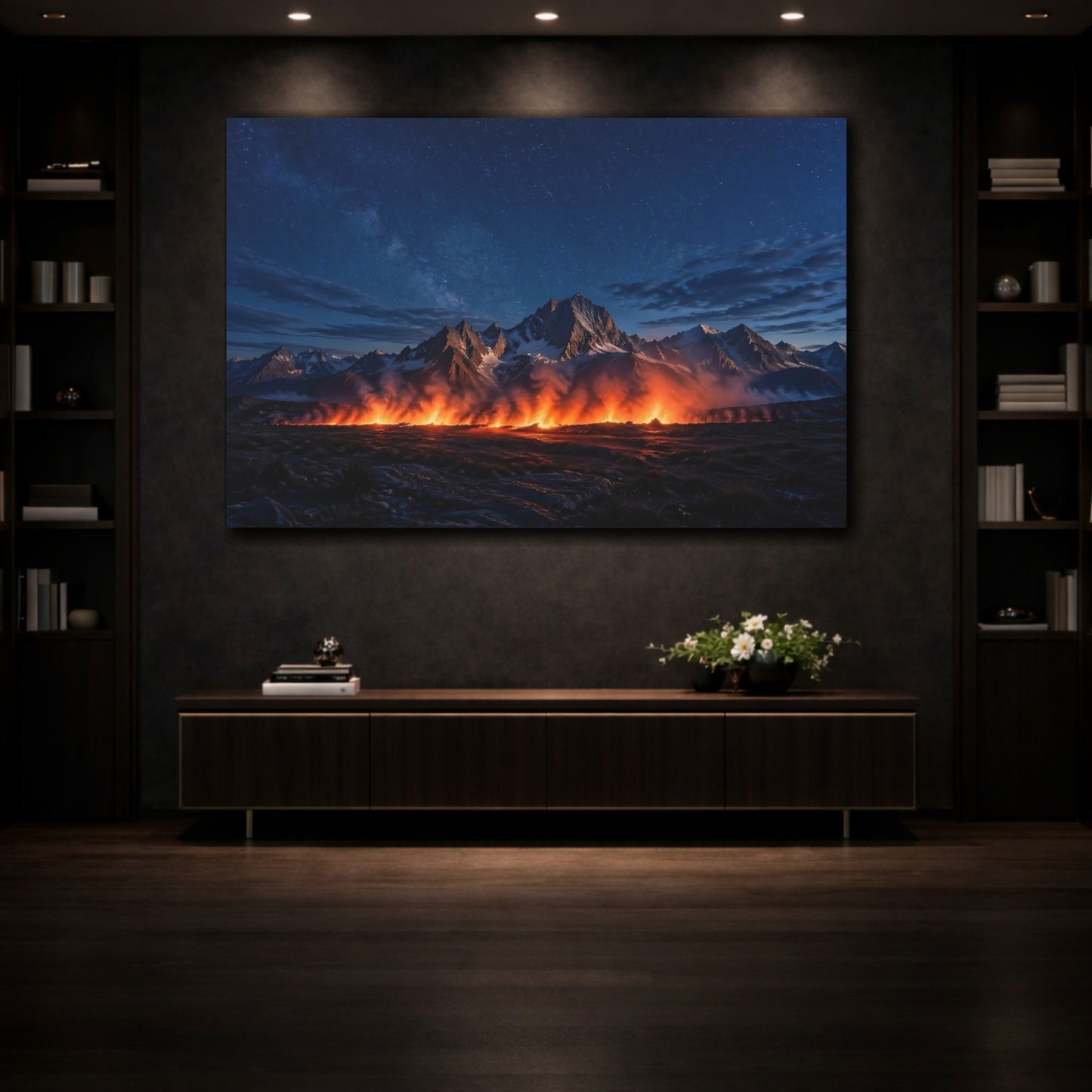 Mockup 3. Nature Mountain Fire Night Sky Fire shown as stretched canvas wall art