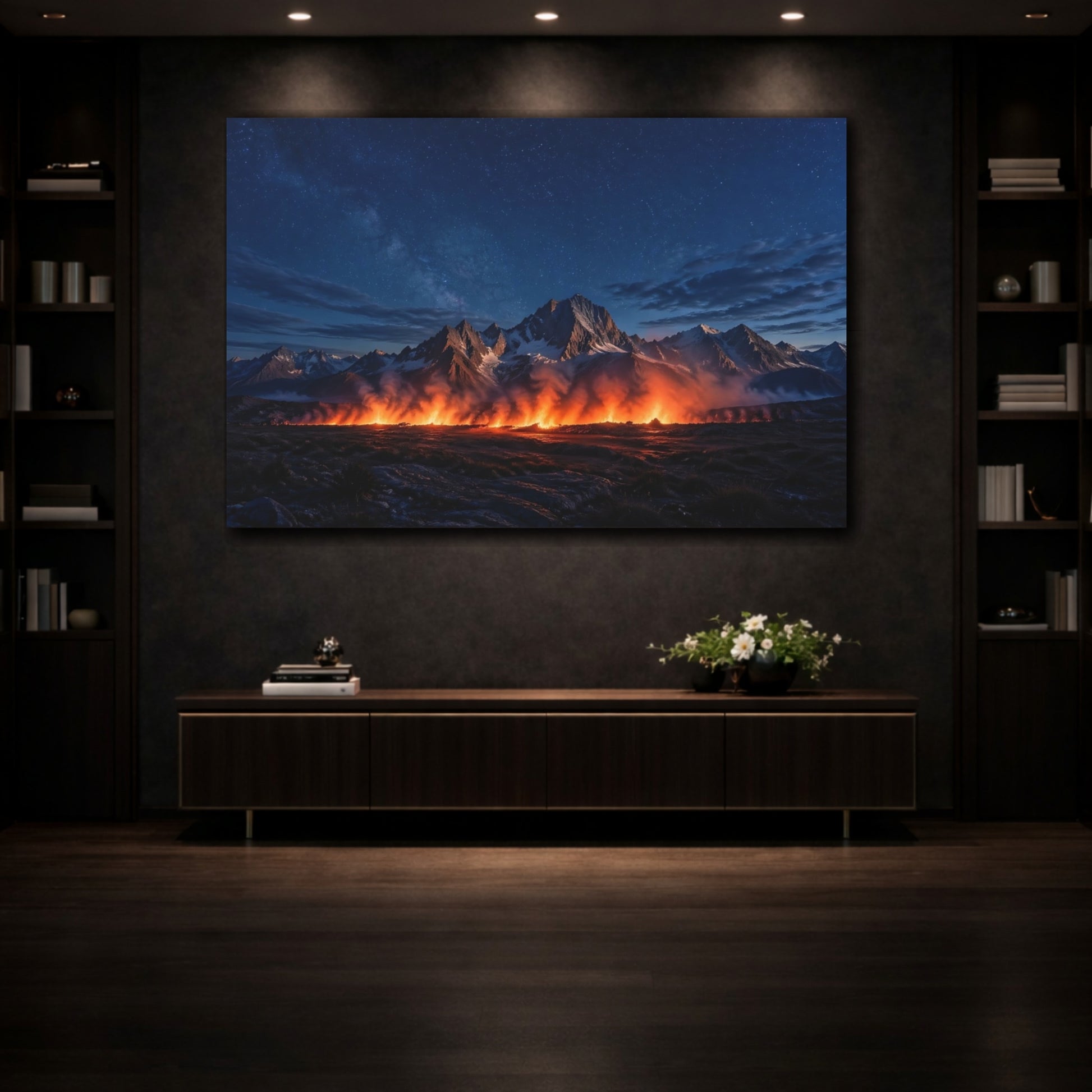 Mockup 3. Nature Mountain Fire Night Sky Fire shown as stretched canvas wall art