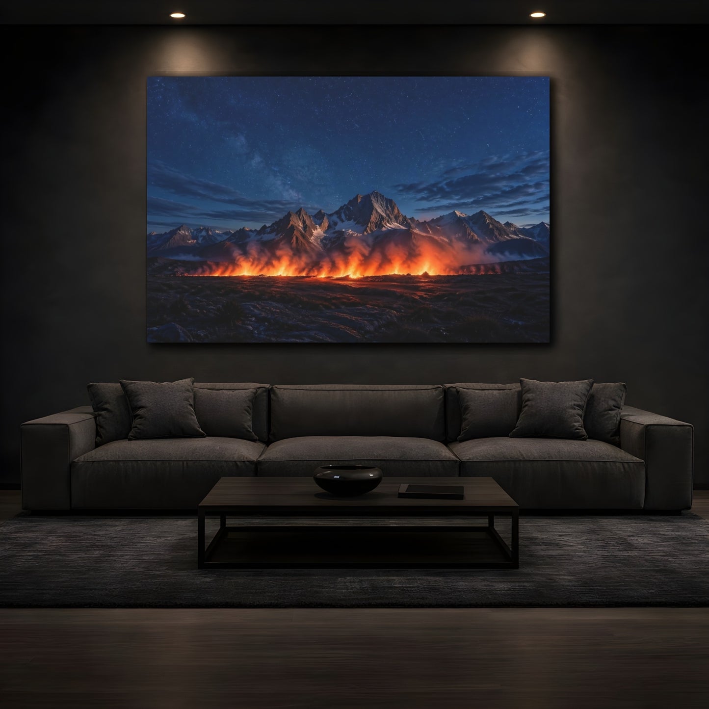 Mockup 4. Nature Mountain Fire Night Sky Fire shown as stretched canvas wall art