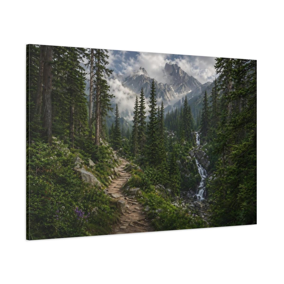 Side Mockup 1. Nature Mountain Forest Green Mountain Forest shown as stretched canvas wall art