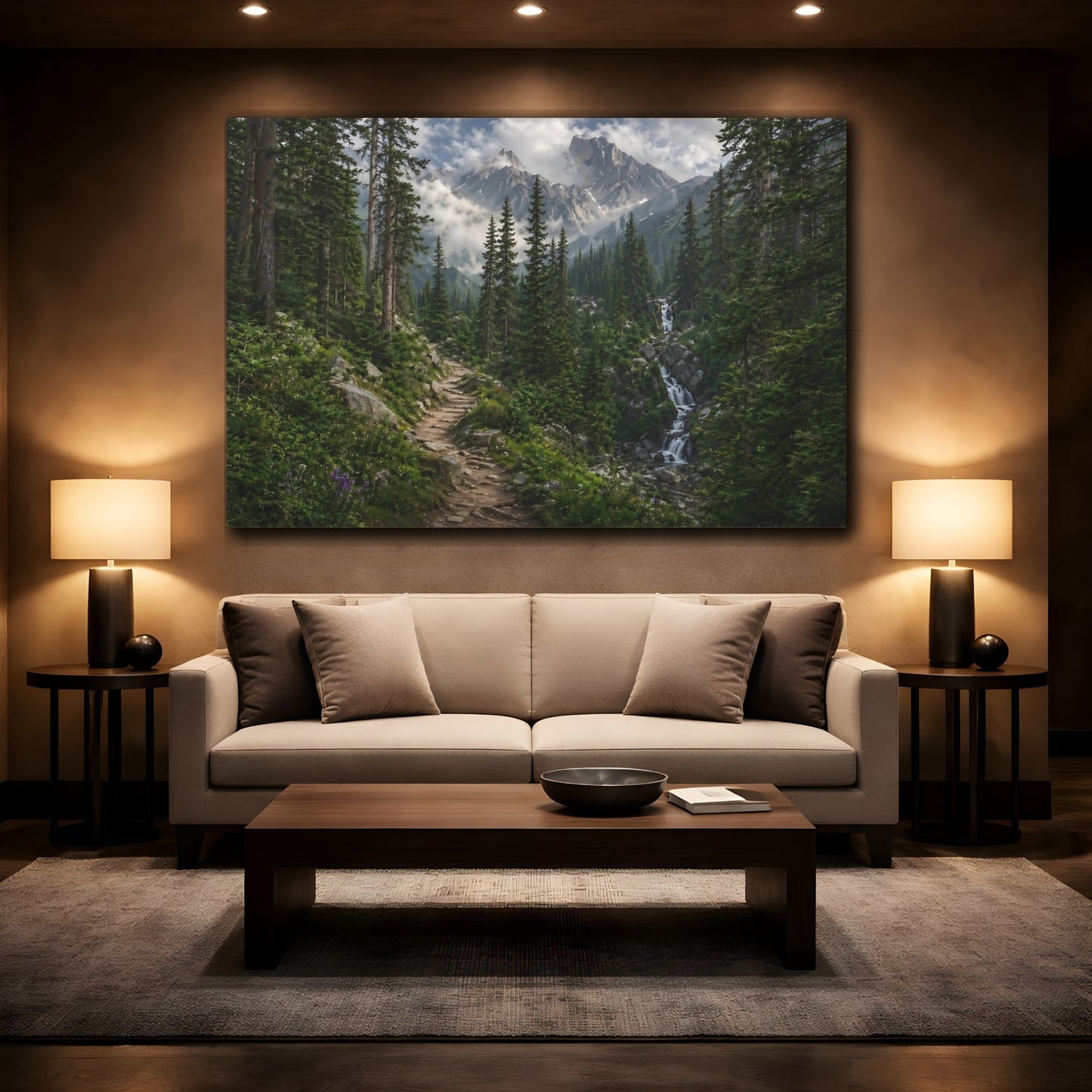 Mockup 2. Nature Mountain Forest Green Mountain Forest shown as stretched canvas wall art