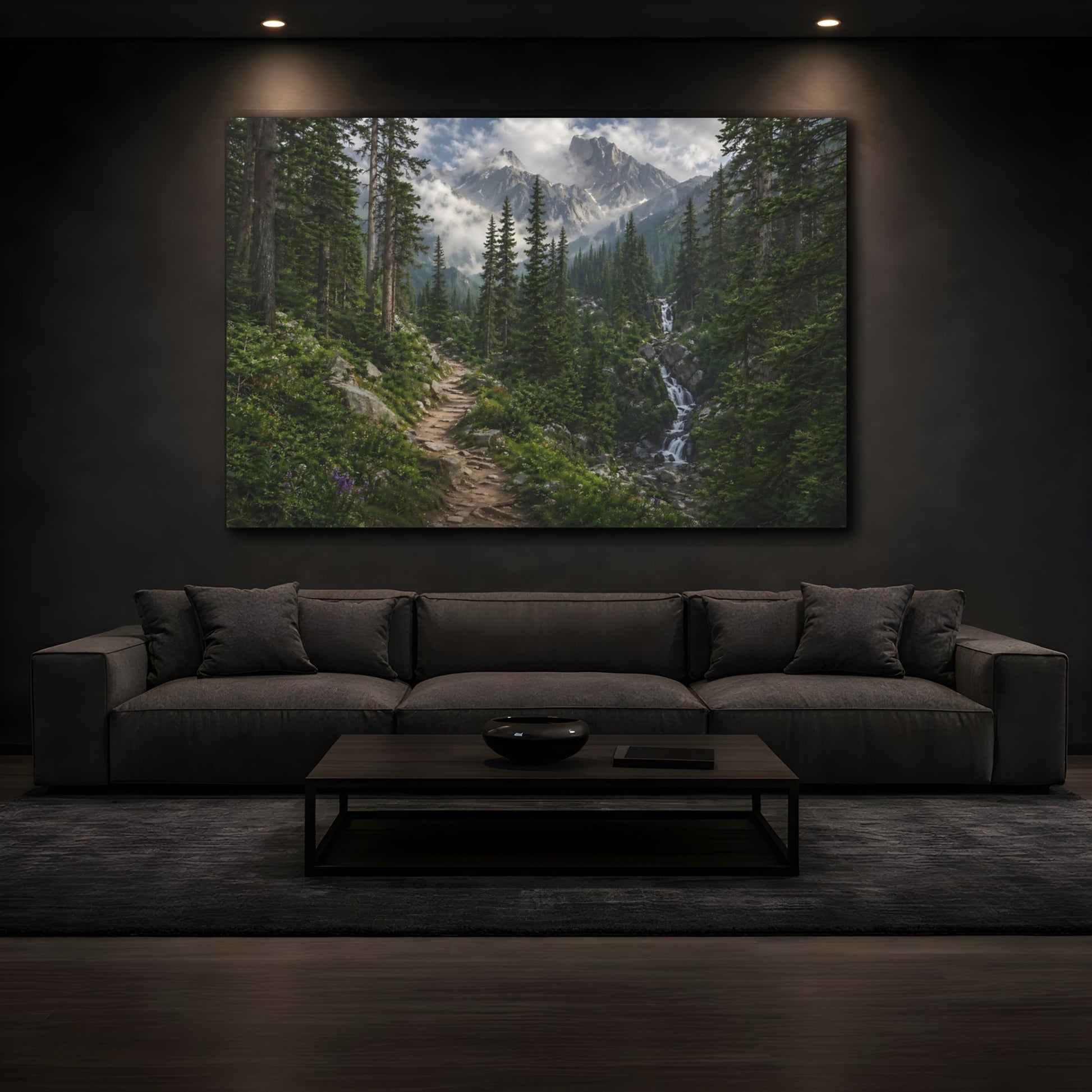 Mockup 3. Nature Mountain Forest Green Mountain Forest shown as stretched canvas wall art