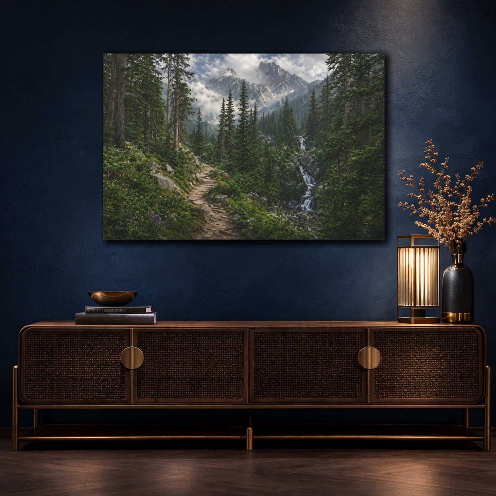 Mockup 4. Nature Mountain Forest Green Mountain Forest shown as stretched canvas wall art