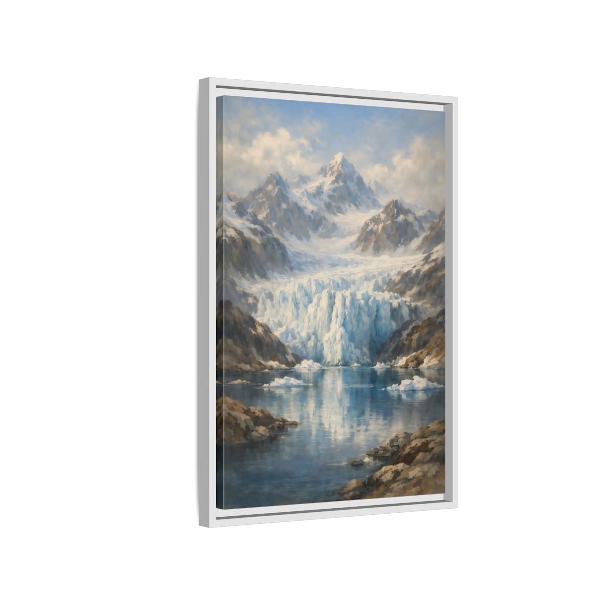 Side Mockup 1. Nature Mountain Glacier Icy Blue shown as stretched canvas wall art