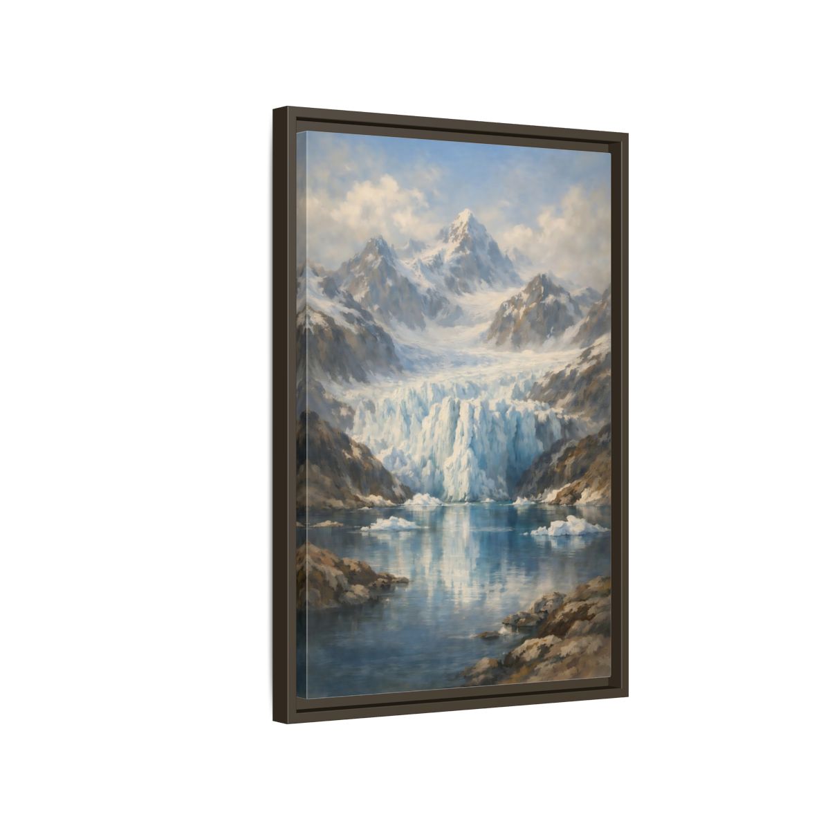 Side Mockup 2. Nature Mountain Glacier Icy Blue shown as stretched canvas wall art