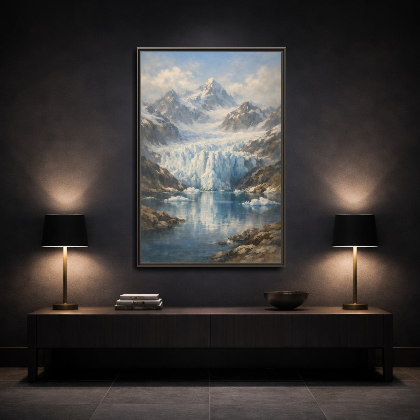 Mockup 2. Nature Mountain Glacier Icy Blue shown as stretched canvas wall art