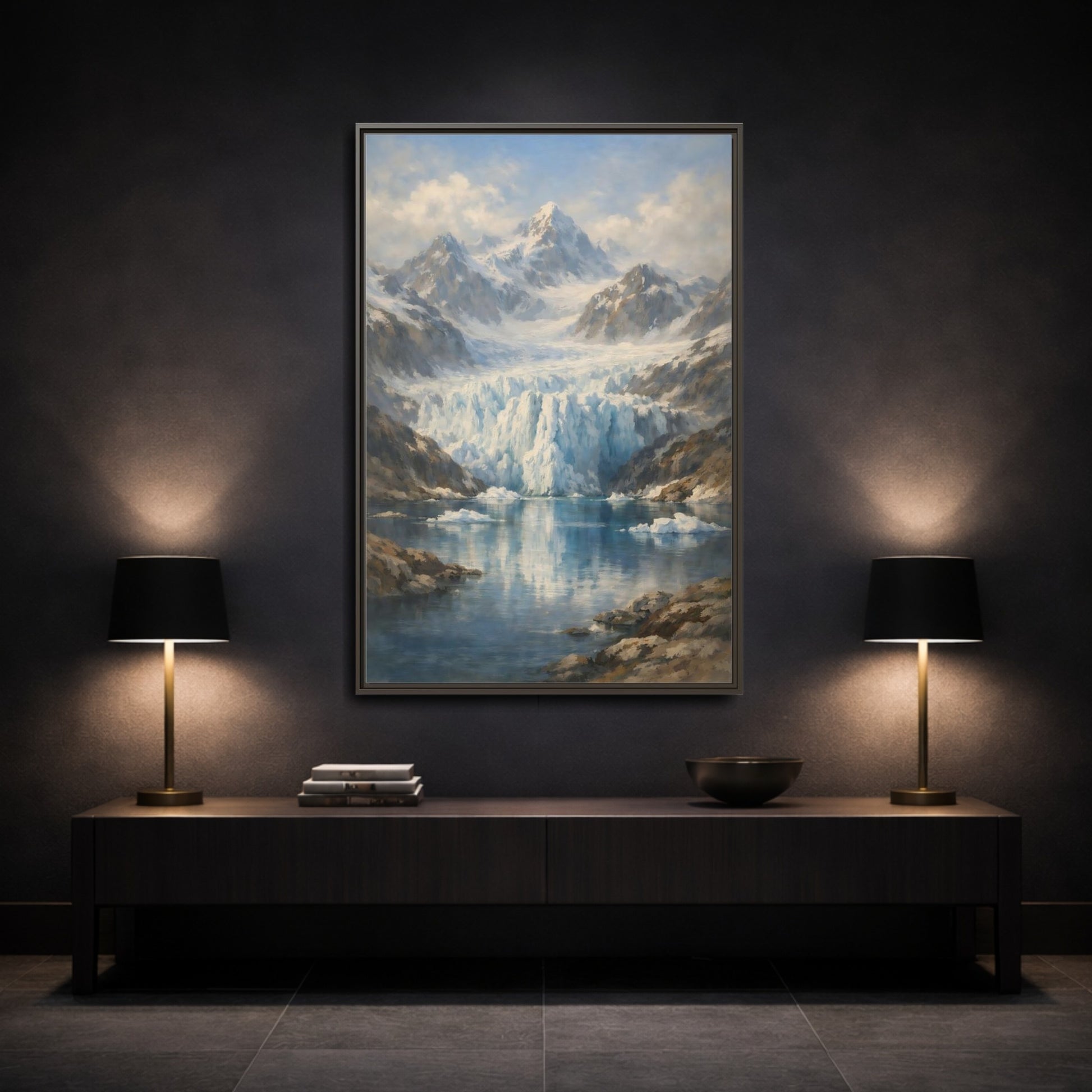 Mockup 2. Nature Mountain Glacier Icy Blue shown as stretched canvas wall art