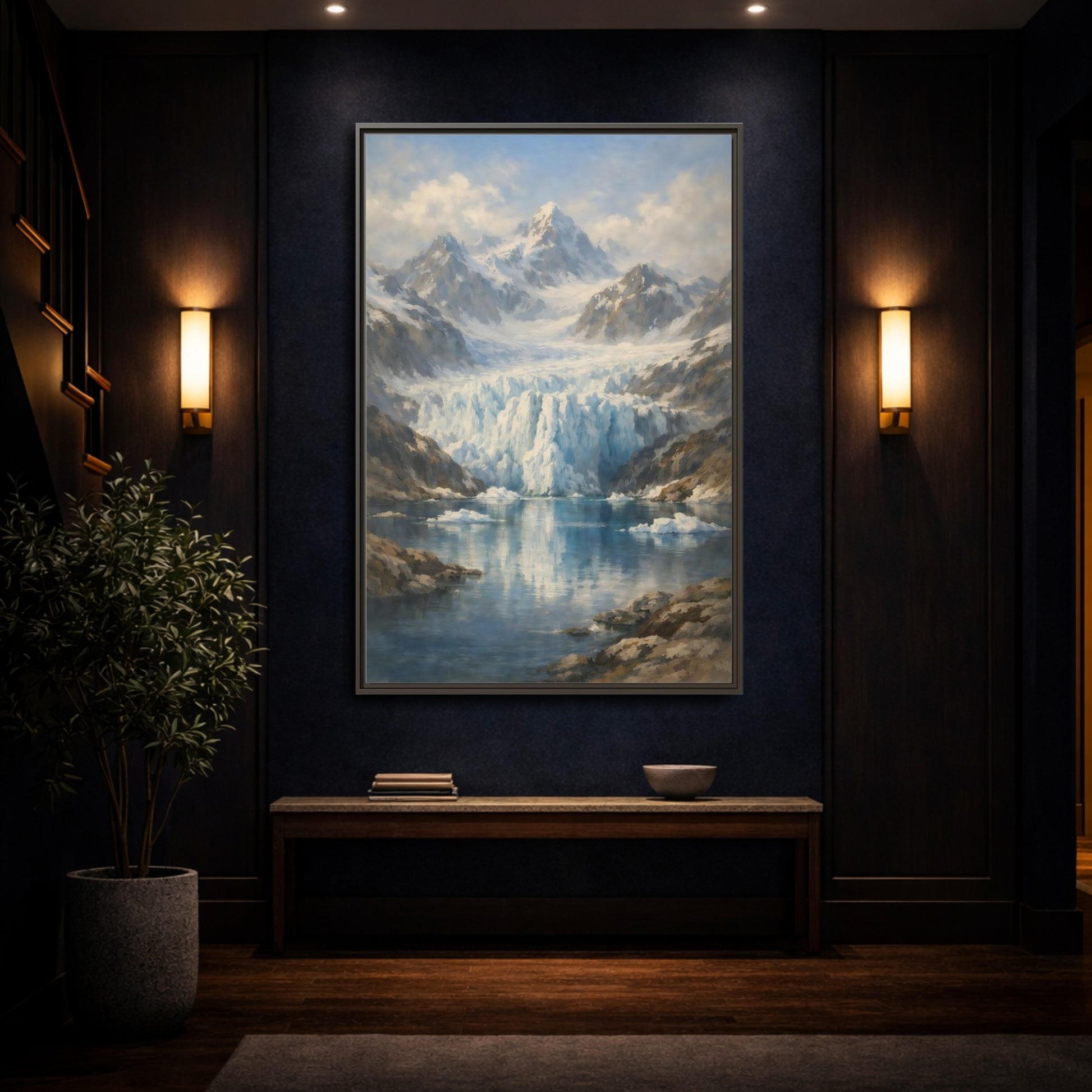 Mockup 3. Nature Mountain Glacier Icy Blue shown as stretched canvas wall art