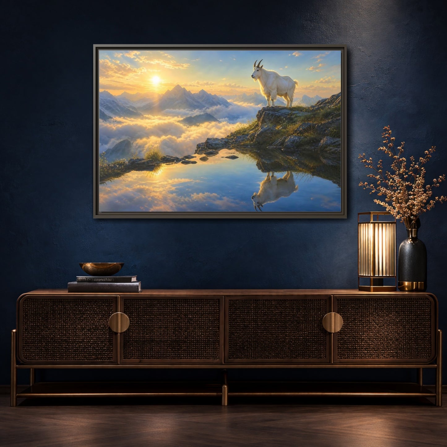 Mockup 4. Nature Mountain Goat Mountain Goat Sunset shown as stretched canvas wall art