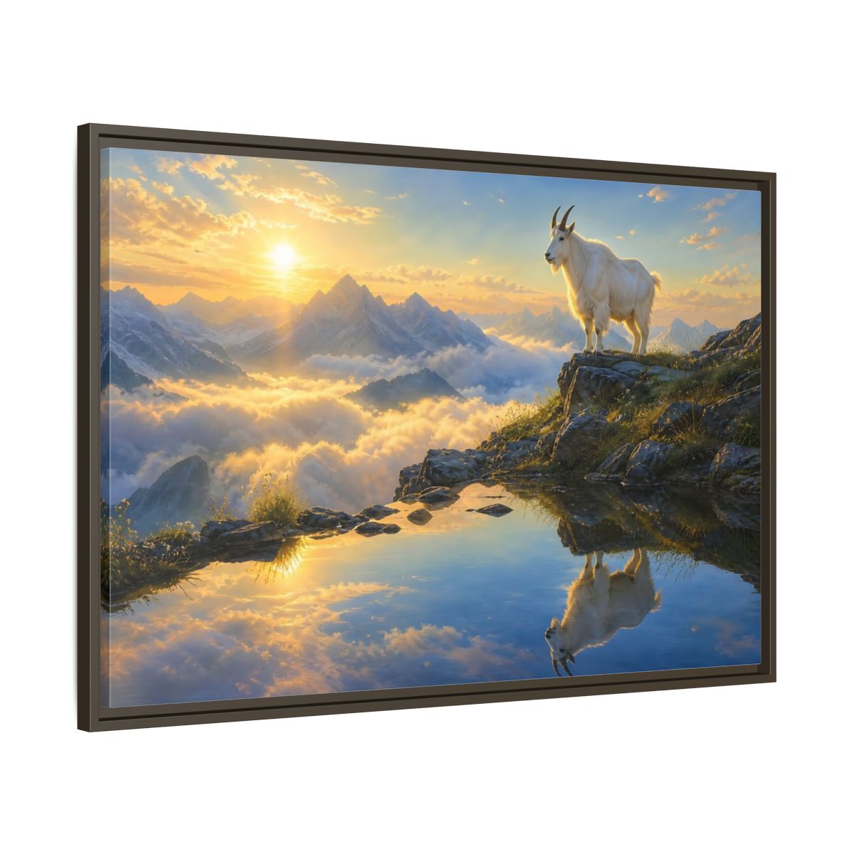 Nature Mountain Goat Sunset Framed Canvas Wall Art Print – realistic Living Room, Above Couch - YesArtYes