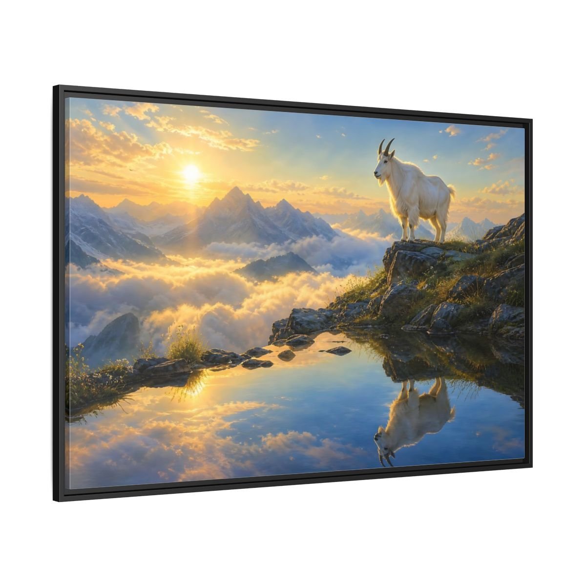 Nature Mountain Goat Sunset Framed Canvas Wall Art Print – realistic Living Room, Above Couch - YesArtYes