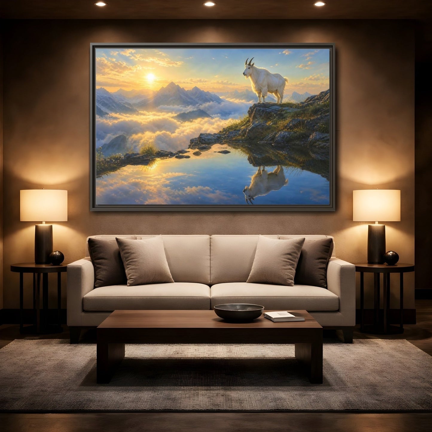 Nature Mountain Goat Sunset Framed Canvas Wall Art Print – realistic Living Room, Above Couch - YesArtYes