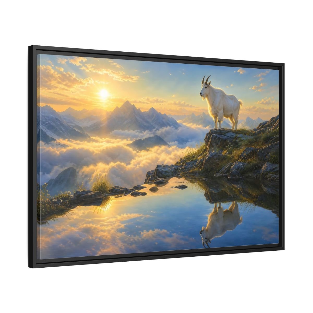 Nature Mountain Goat Sunset Framed Canvas Wall Art Print – realistic Living Room, Above Couch - YesArtYes