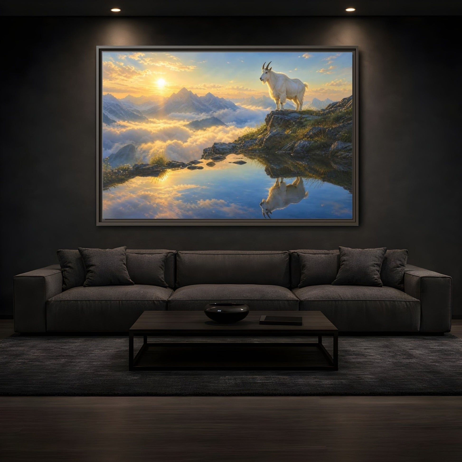 Nature Mountain Goat Sunset Framed Canvas Wall Art Print – realistic Living Room, Above Couch - YesArtYes