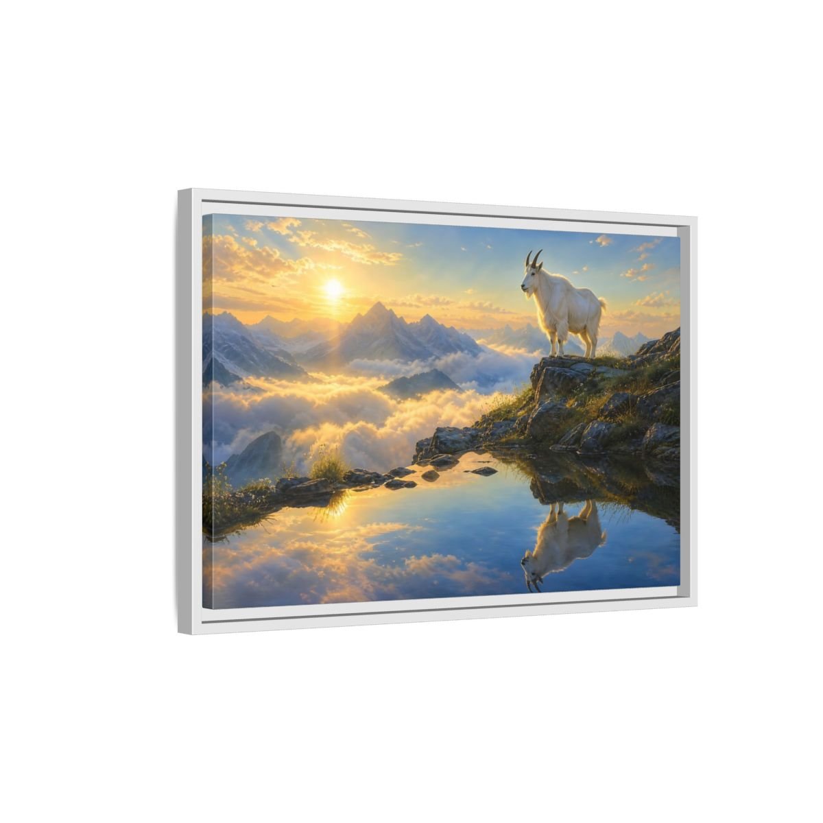 Nature Mountain Goat Sunset Framed Canvas Wall Art Print – realistic Living Room, Above Couch - YesArtYes