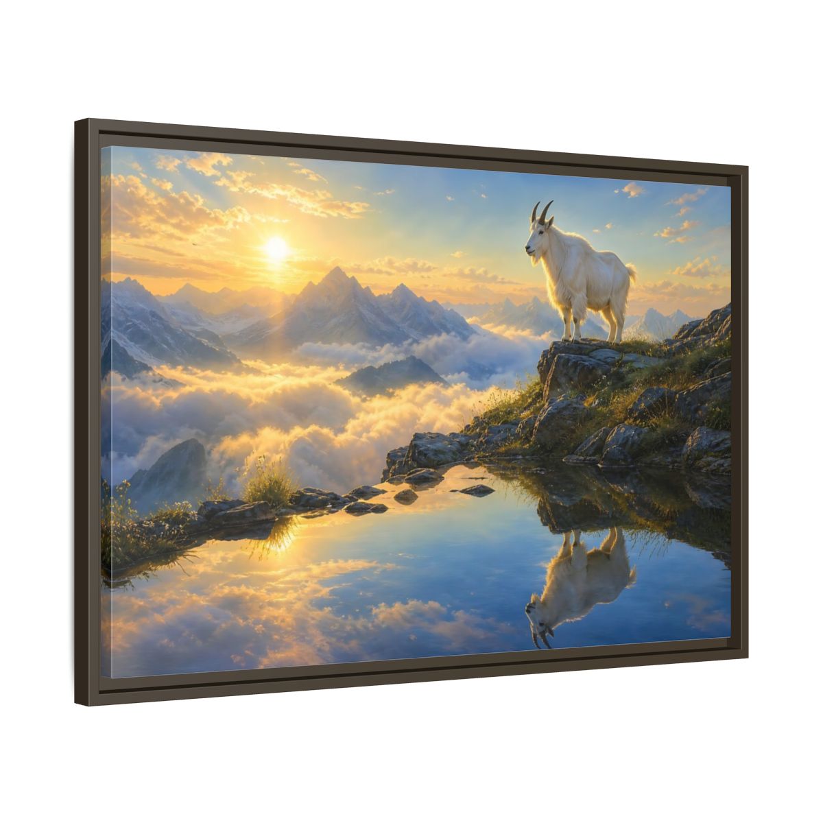 Nature Mountain Goat Sunset Framed Canvas Wall Art Print – realistic Living Room, Above Couch - YesArtYes