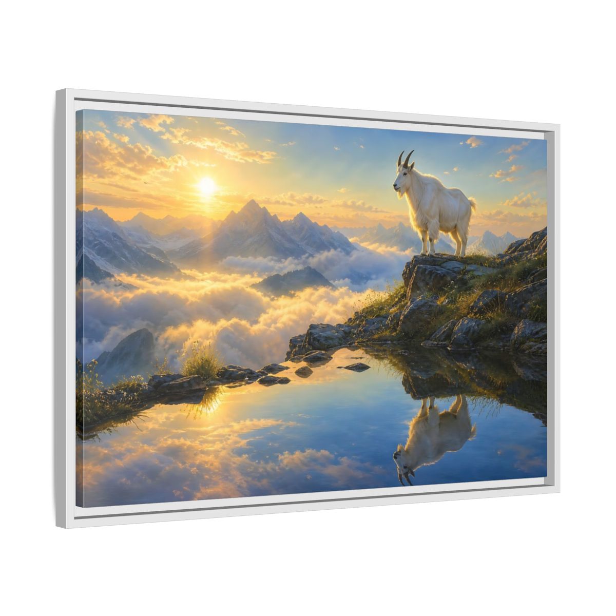 Side Mockup 10. Nature Mountain Goat Mountain Goat Sunset shown as stretched canvas wall art