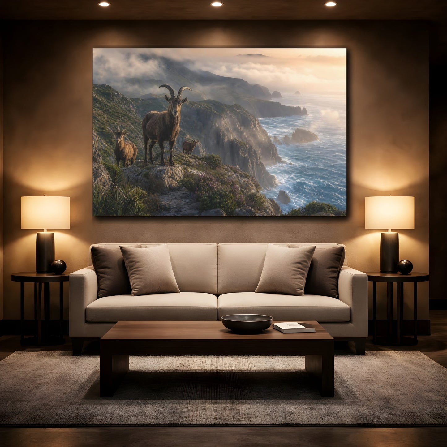 Mockup 2. Nature Mountain Goats Mountain Goat Landscape shown as stretched canvas wall art