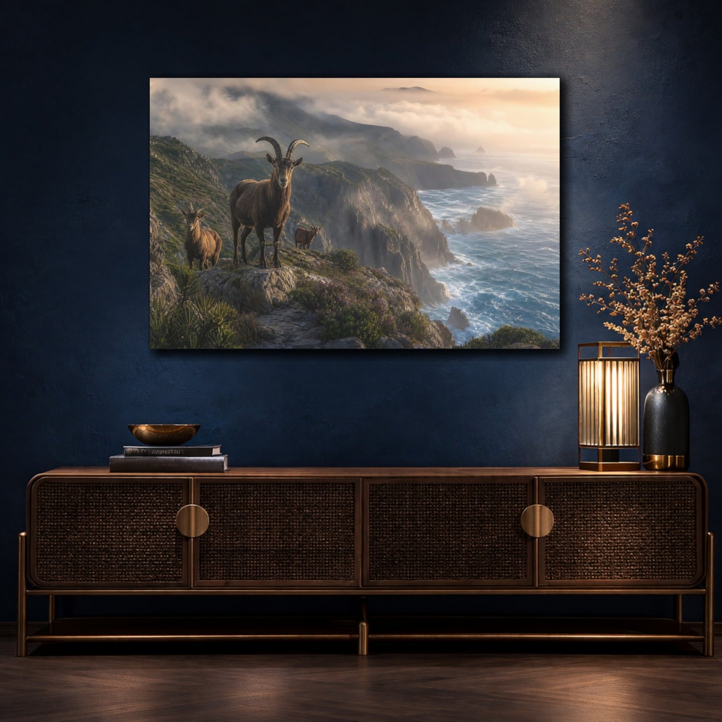 Mockup 4. Nature Mountain Goats Mountain Goat Landscape shown as stretched canvas wall art