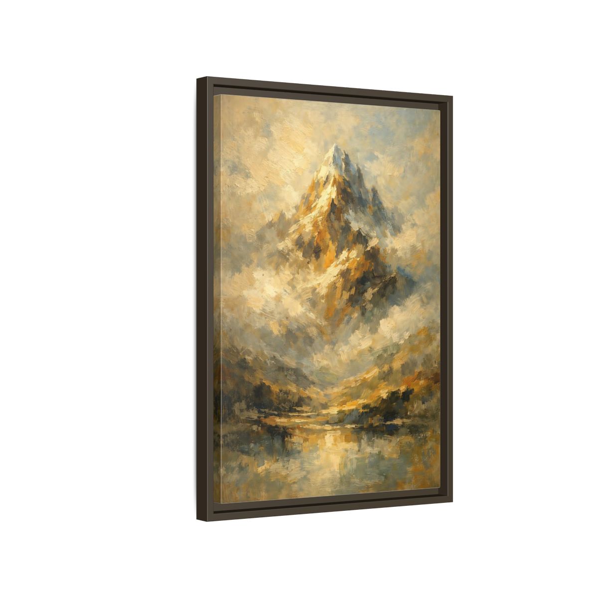 Side Mockup 2. Nature Mountain Gold And Blue Mountain shown as stretched canvas wall art