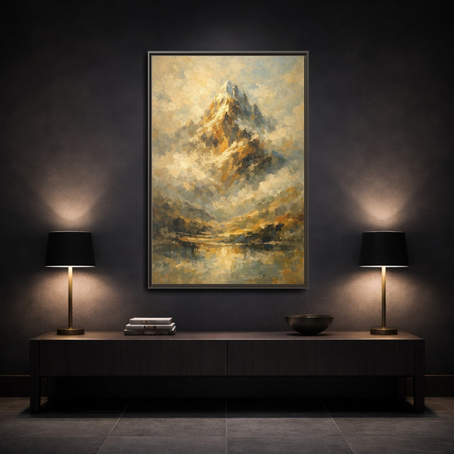 Mockup 2. Nature Mountain Gold And Blue Mountain shown as stretched canvas wall art