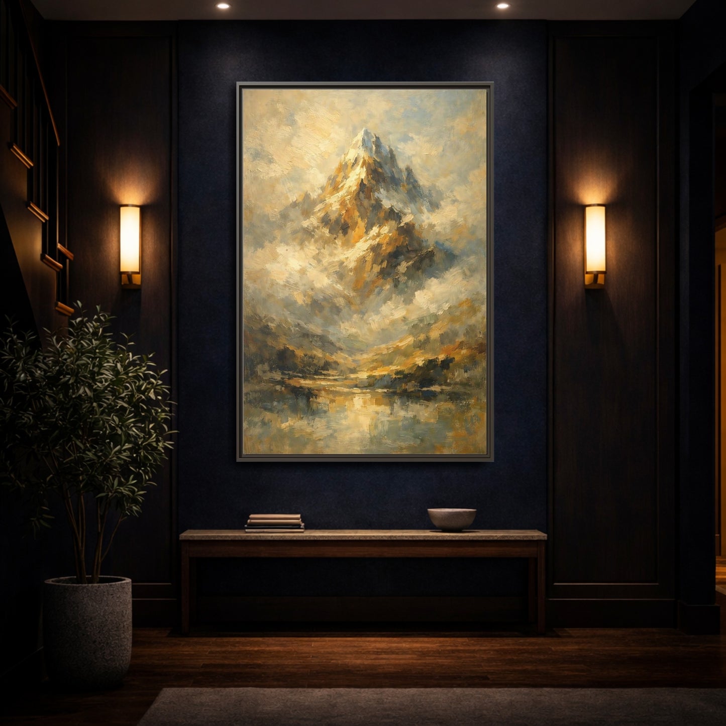 Mockup 3. Nature Mountain Gold And Blue Mountain shown as stretched canvas wall art