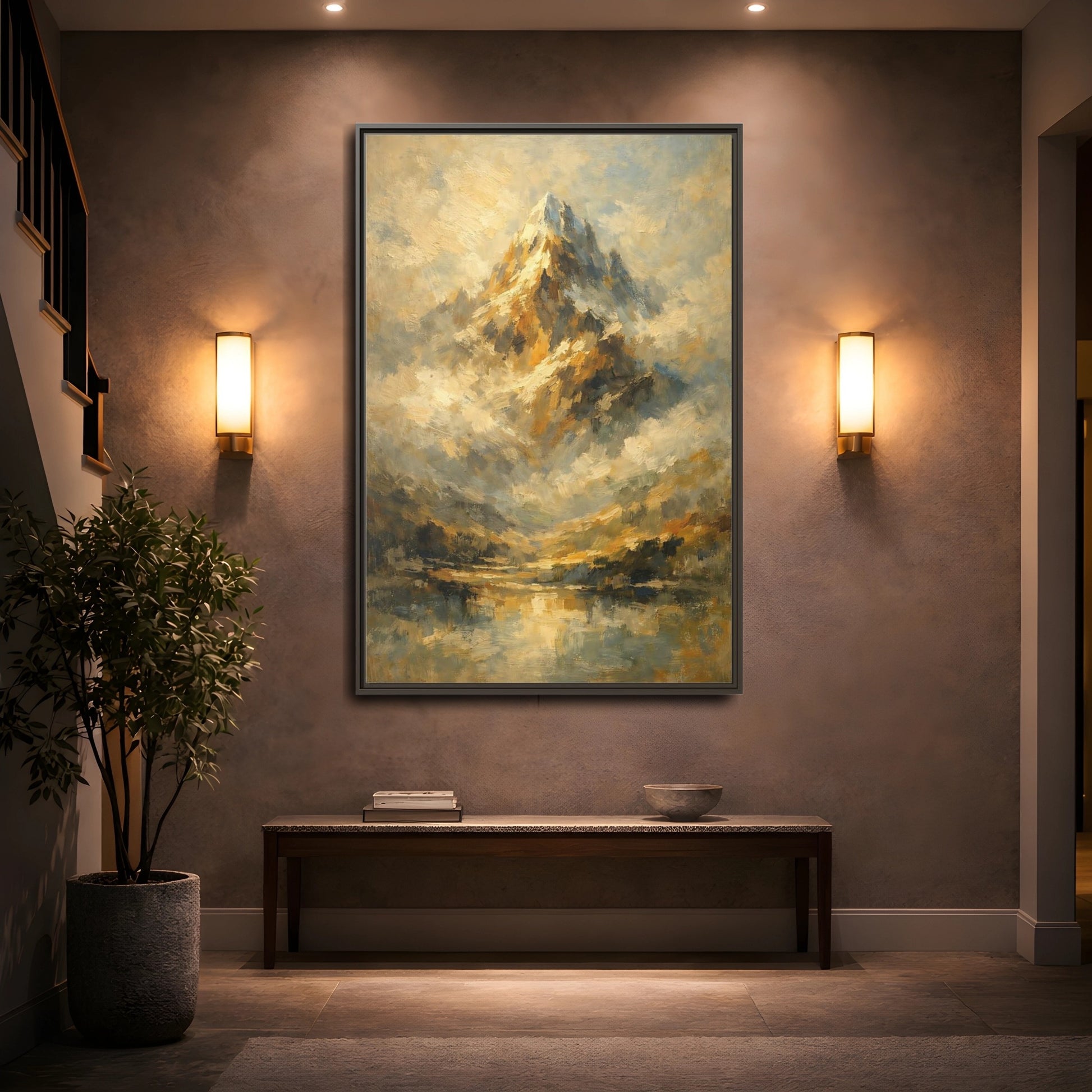 Mockup 4. Nature Mountain Gold And Blue Mountain shown as stretched canvas wall art