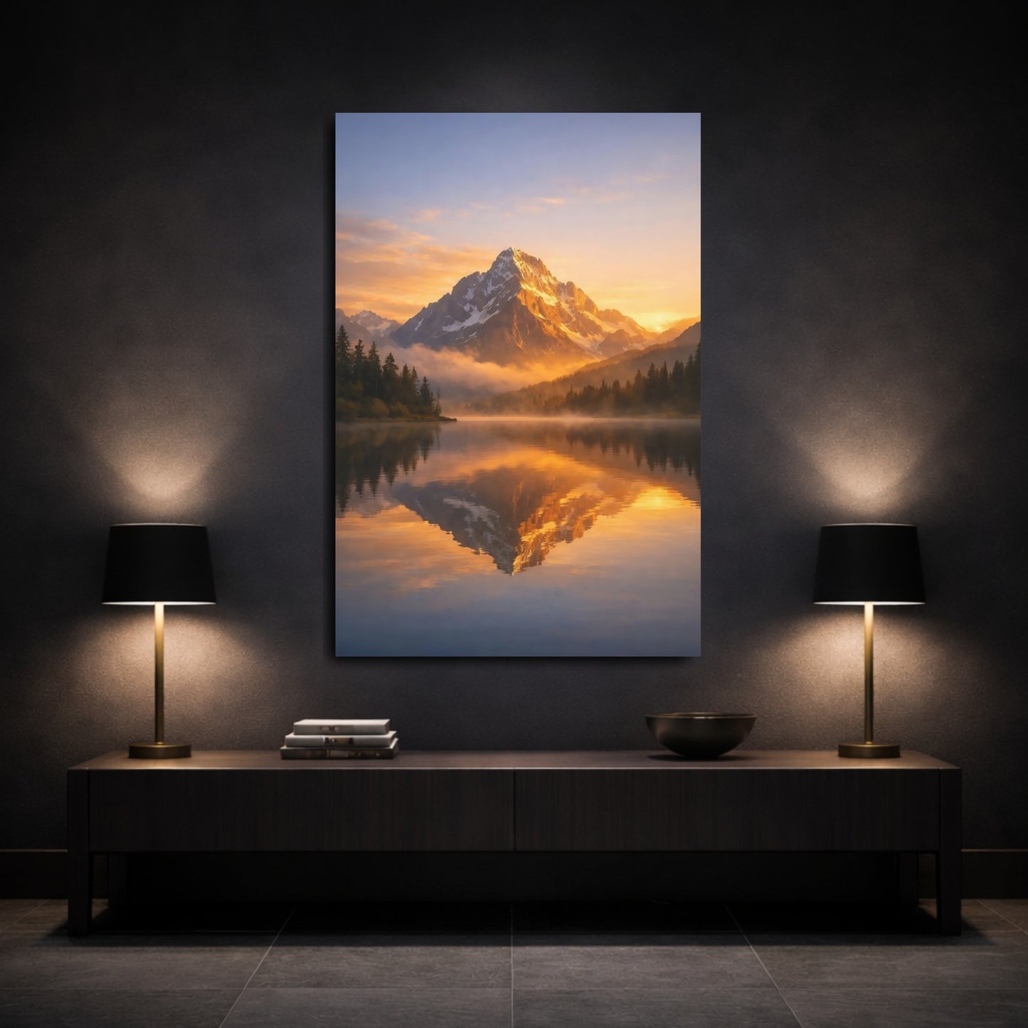 Mockup 2. Nature Mountain Golden Mountain Lake shown as stretched canvas wall art