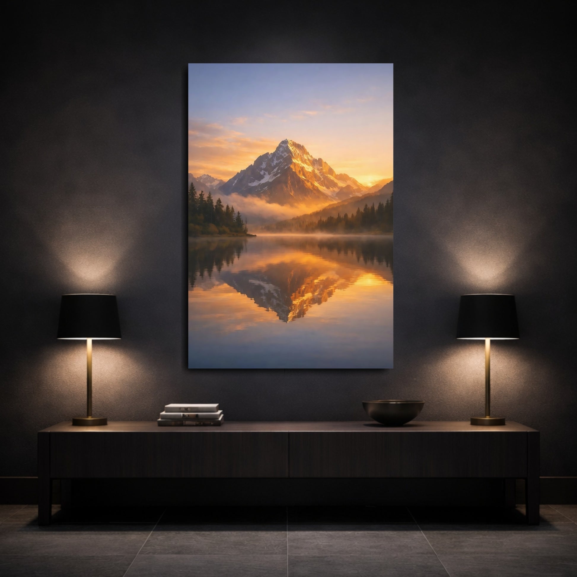 Mockup 2. Nature Mountain Golden Mountain Lake shown as stretched canvas wall art