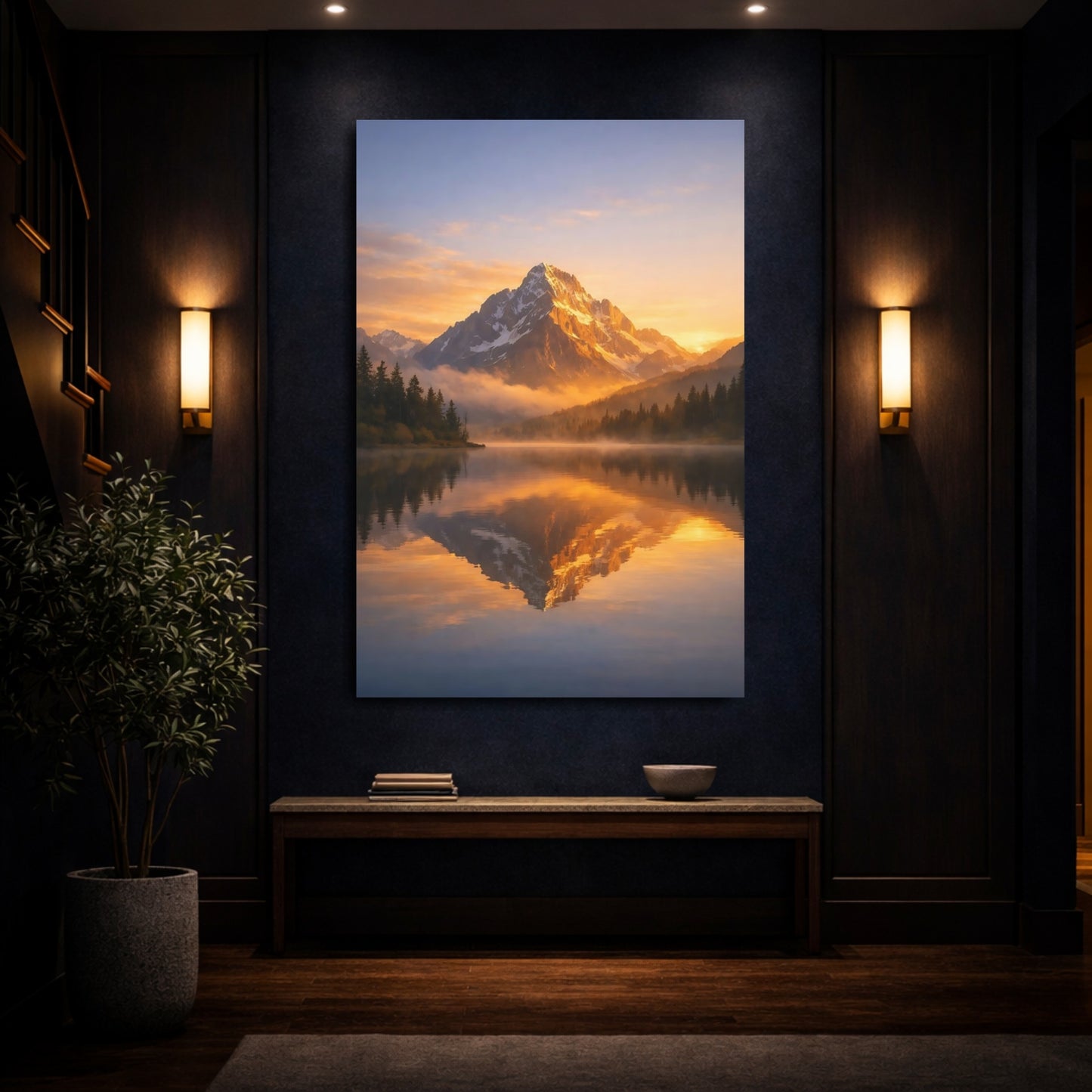 Mockup 3. Nature Mountain Golden Mountain Lake shown as stretched canvas wall art