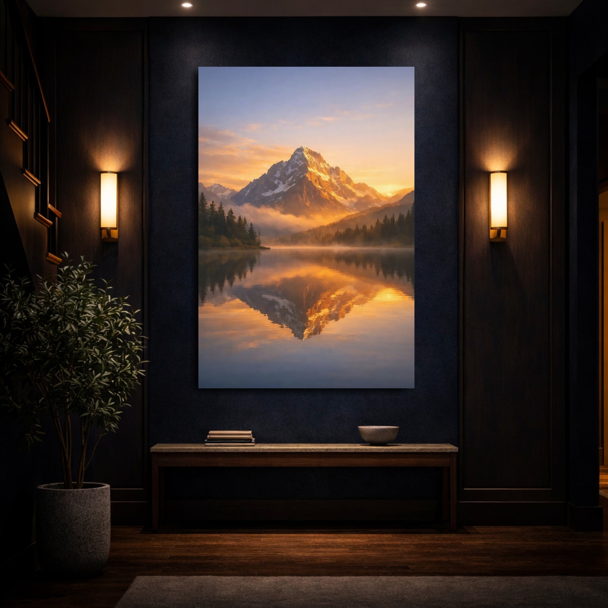Mockup 3. Nature Mountain Golden Mountain Lake shown as stretched canvas wall art