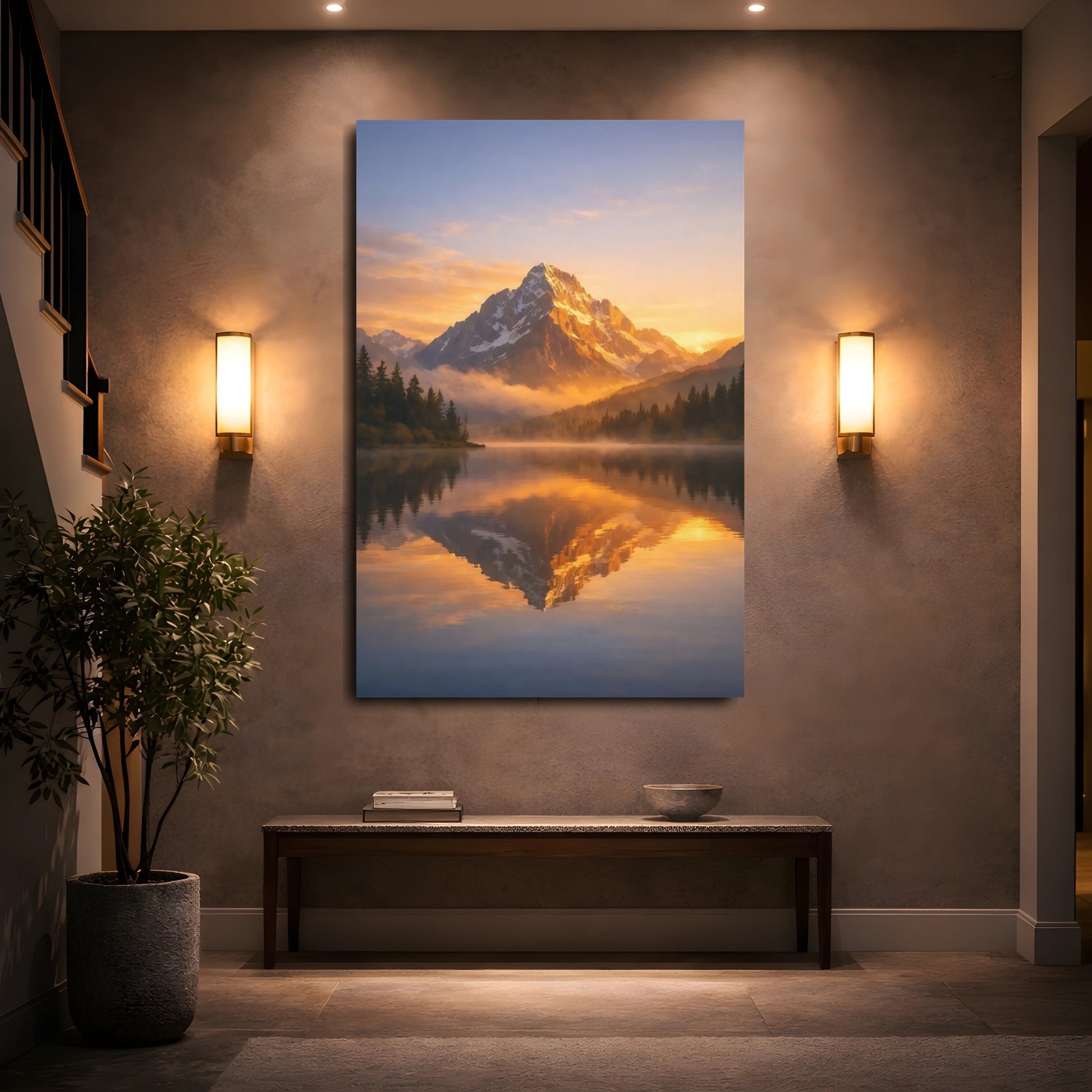 Mockup 4. Nature Mountain Golden Mountain Lake shown as stretched canvas wall art