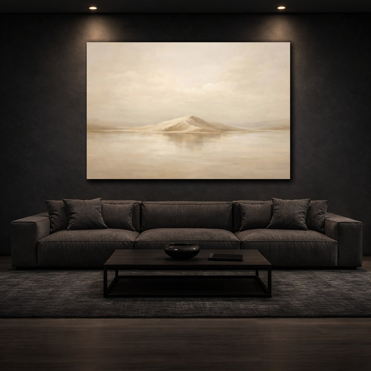 Mockup 2. Nature Mountain Island Warm Beige Landscape shown as stretched canvas wall art