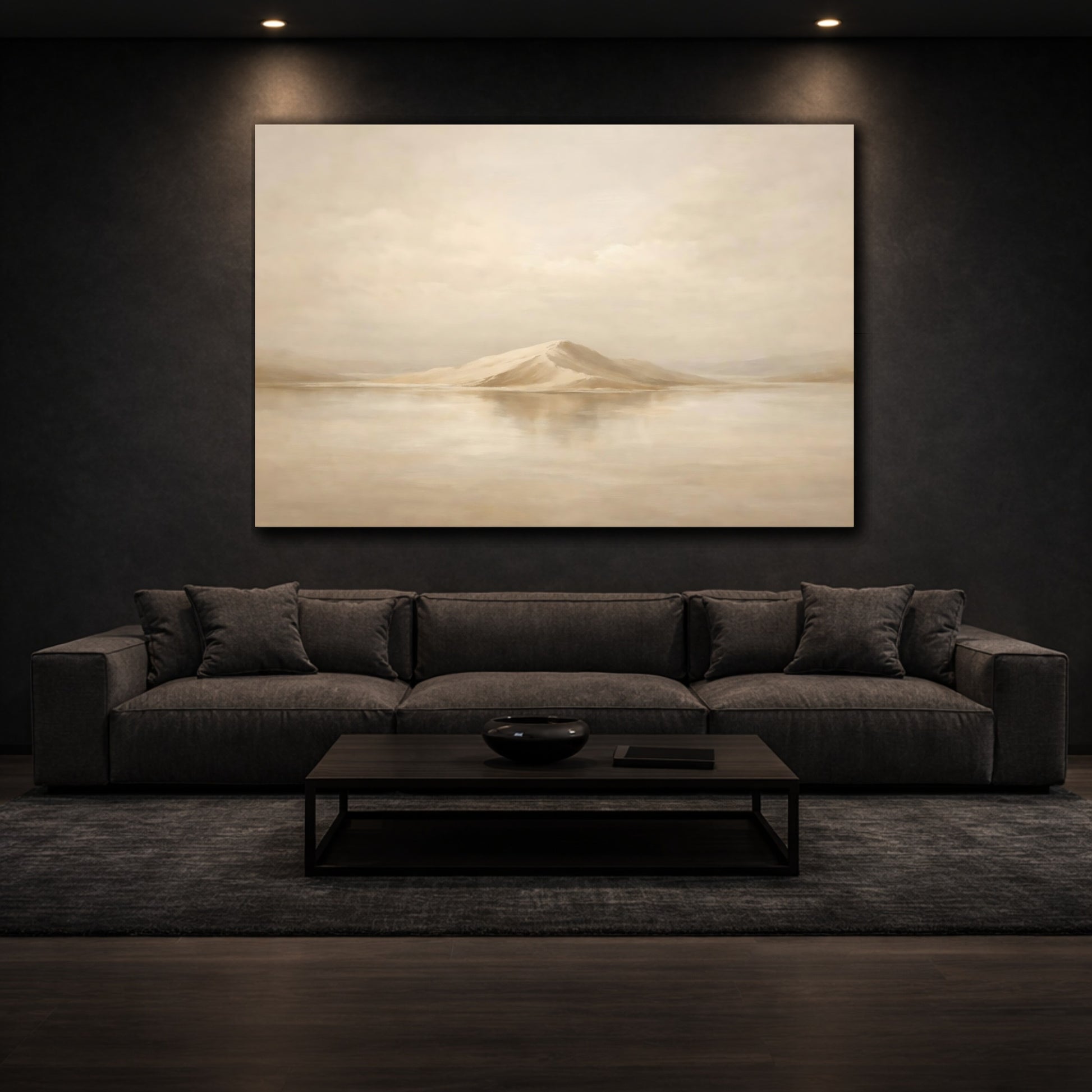 Mockup 2. Nature Mountain Island Warm Beige Landscape shown as stretched canvas wall art