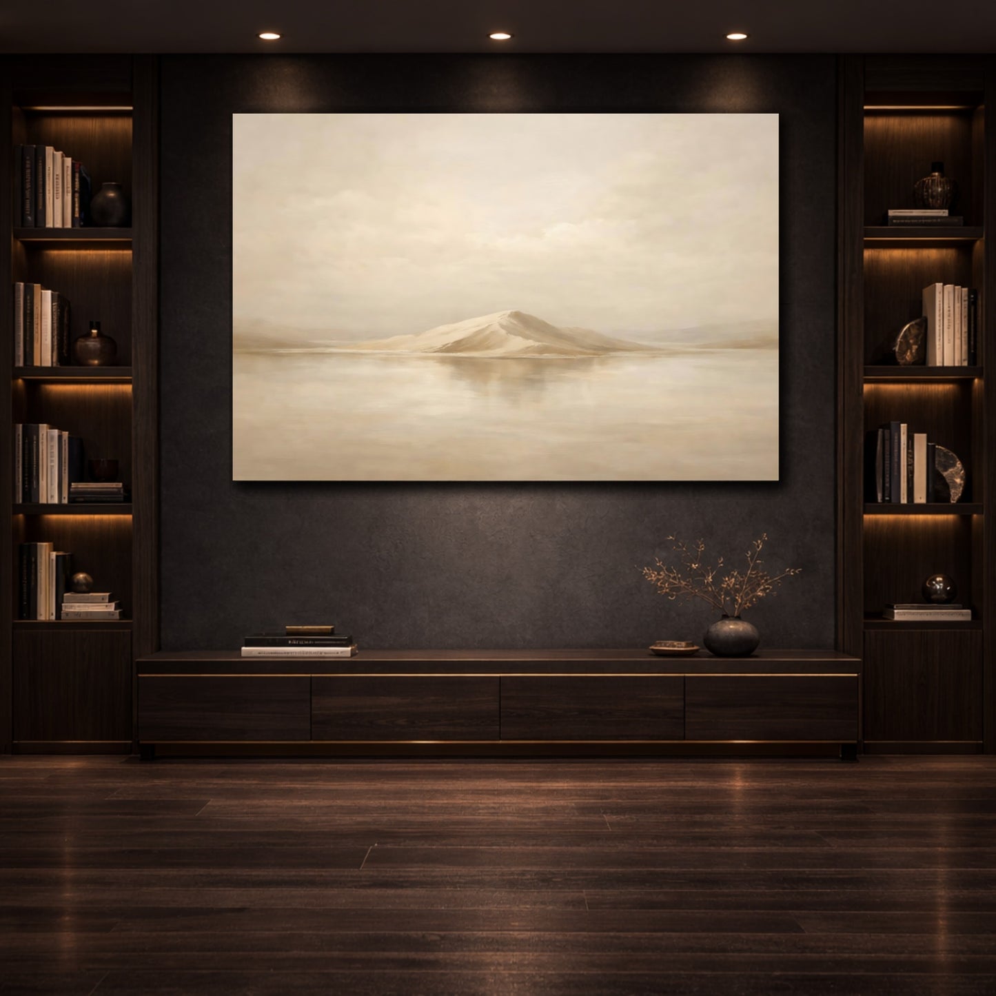 Mockup 3. Nature Mountain Island Warm Beige Landscape shown as stretched canvas wall art